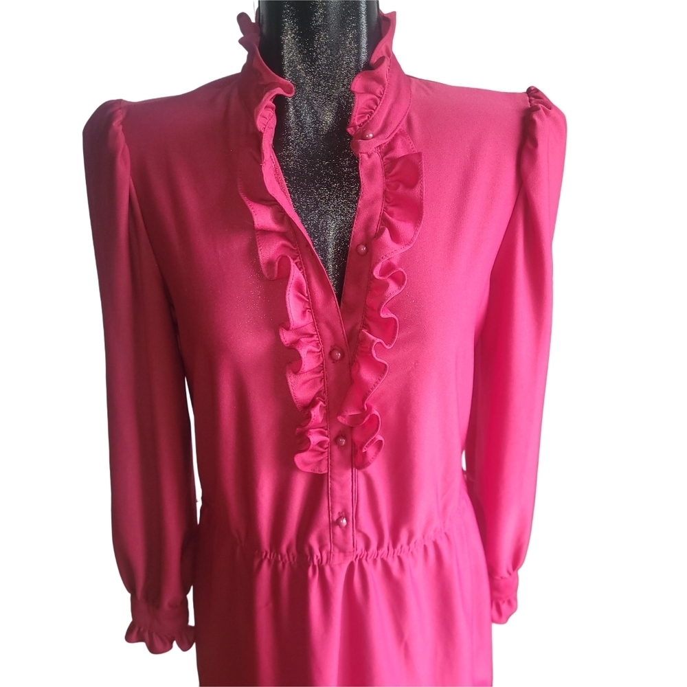 Vintage Ruffled Puffed Long Sleeve Dress In Red Size M - Picture 3 of 7